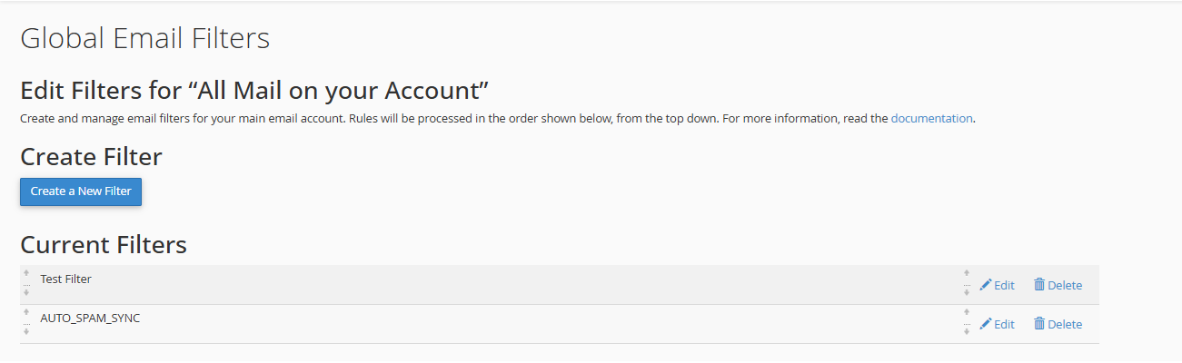 cPanel filters page